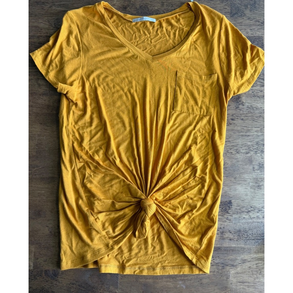 Active Basic Womens Mustard Yellow V-Neck Front Knot Pocket T-Shirt Size Sm